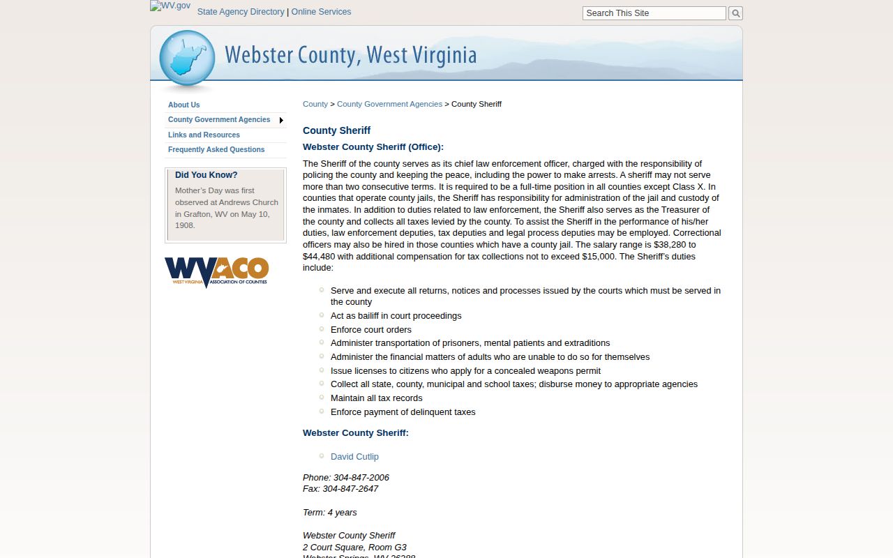 Central Regional Jail release record Webster County Sheriff contact
